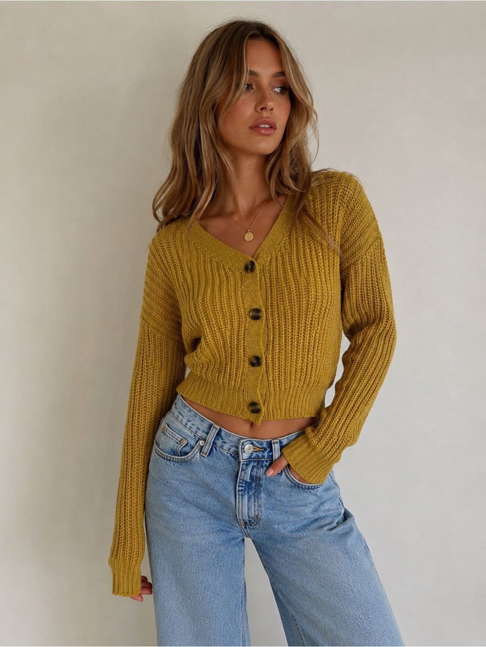 Moon & Madison Size Small Knitted Cropped Cardigan Sweater Mustard Yellow